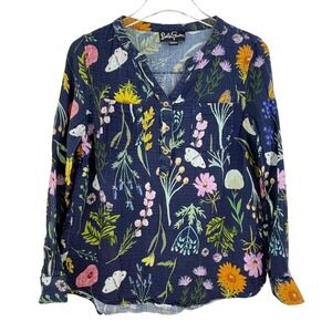 Lesley Evers Navy PRAIRIE POSY Double Gauze Cotton POPOVER TOP WOMEN M SLIM